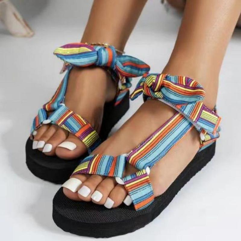 Summer New Flat-bottomed Beach Shoes Women's Velcro Bow Round Head Open-toed Leopard Print Flat-bottomed Beach Sandals