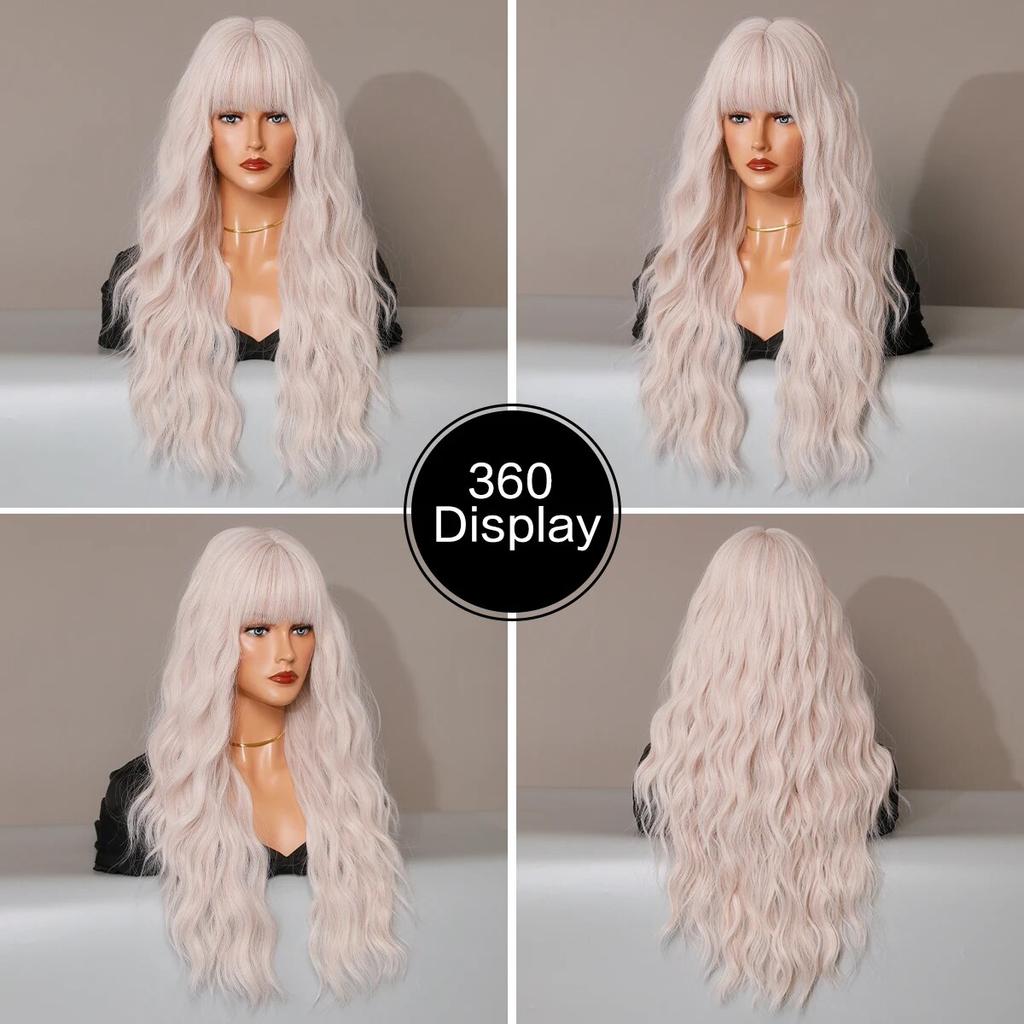 WIGS Long Wavy White Pink Wig for Women Daily Party Synthetic Light Blonde Wigs with Bangs Costume Lolita Wig 26 Inch