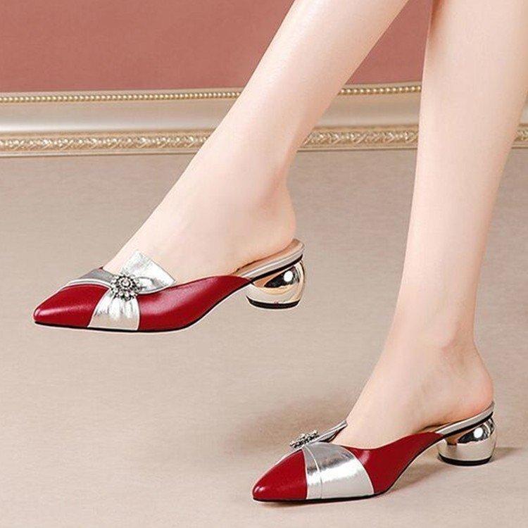 2025 summer new pointed half slippers women's middle heel bag fashion wear versatile sandals women's thick heel women's lazy drag