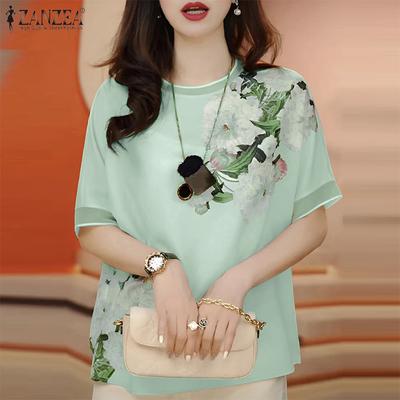 Women Casual Round Neck Short Sleeve Summer Floral Blouse