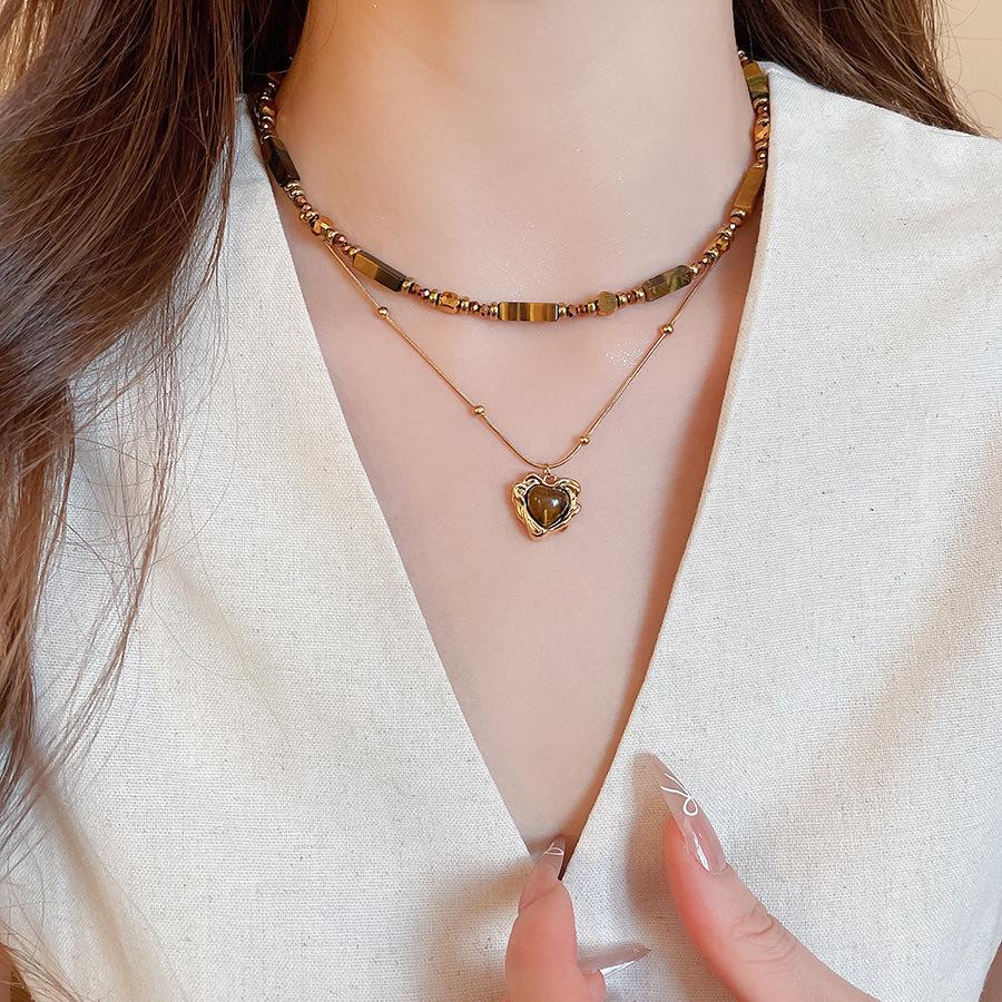 18k vergoldete Tigerauge Perlenanhänger Halskette - Retro Schlüsselbeinkette für Herbst/Winter.