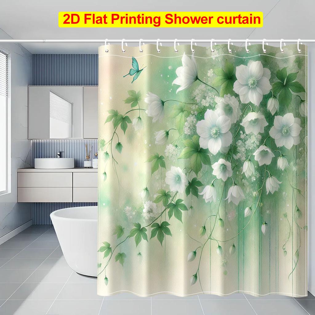 

White Flower Vine Shower Curtain Green Leaves Butterfly Art Bathroom Decor Nature Garden Bath Curtains For Modern Home Interior W60H190(CM)-1 Pcs
