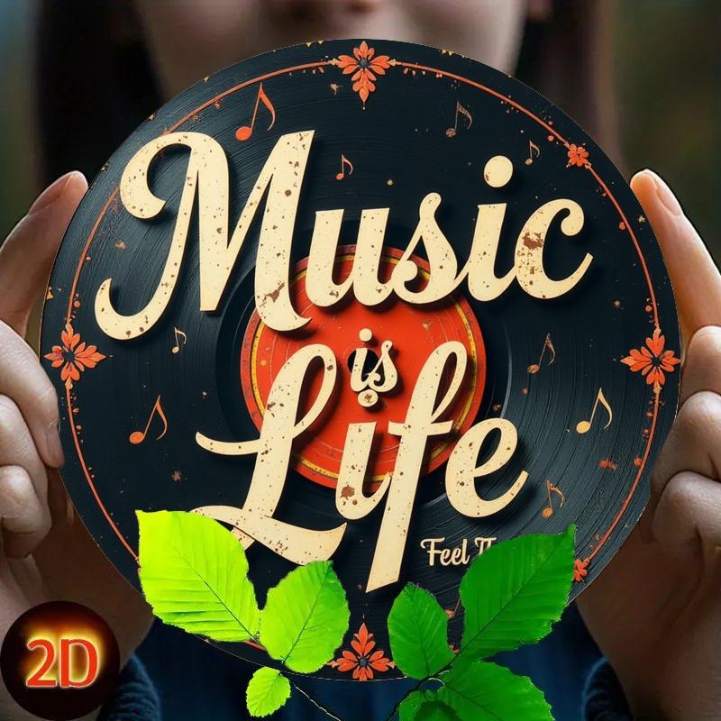 

2d Flat 20*20cm, Retro Music Themed Wooden Wall Sign, with music Is Life Introduction, Vinyl Record and Note Design, for Home, Cafe, Office Decor. 20*20cm