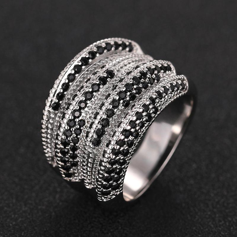 Stylish Lady Wide Ring with Black Crystal Stone Trendy Party Silver Color Finger Accessories for Women Statement Jewelry
