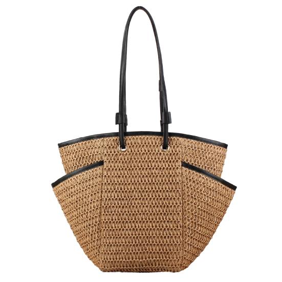 Straw Woven Shoulder Bag with Multiple Pockets Zipper Closure Handmade Braided Vacation Leisure Handbag