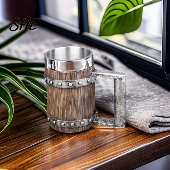 Food Grade Beer Mug Wood Barrel Mug, 600ml Stainless Steel Liner Stein, Durable Stein Rustic Tankard for Pub Home Bar Party Gift Vintage Style