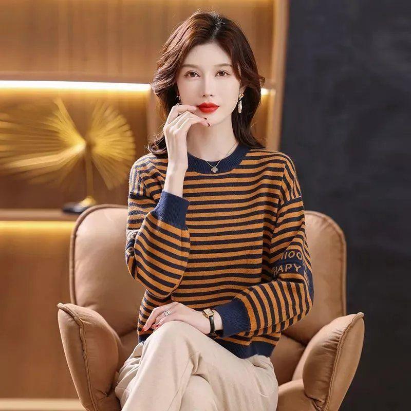 Autumn and Winter Round Neck Bottoming Shirt Women's Loose Inner Striped Top Fashion Plus Size Mother's All-match Sweater