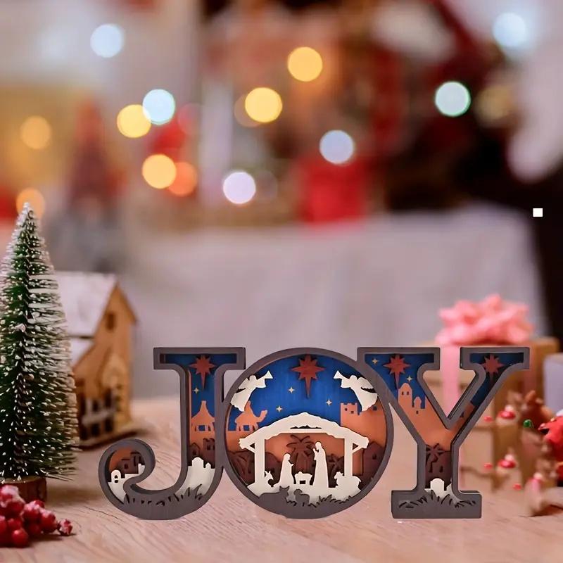 Wooden JOY Nativity Scene Decoration - Festive Holiday Decor with Manger, Mary, Joseph, Star of Bethlehem, Ideal Gift for Home, Office, Parties