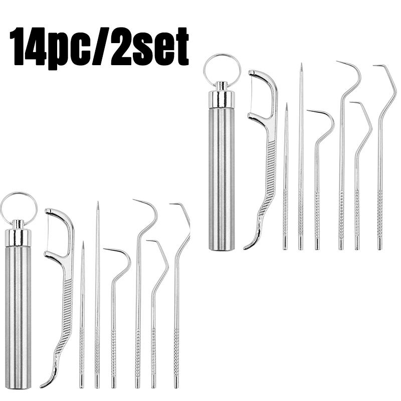 7pc/1set Stainless Steel Toothpicks Pocket Set With Keychain Reusable Metal Teeth Cleaner Tools Portable Nursing Care Tools