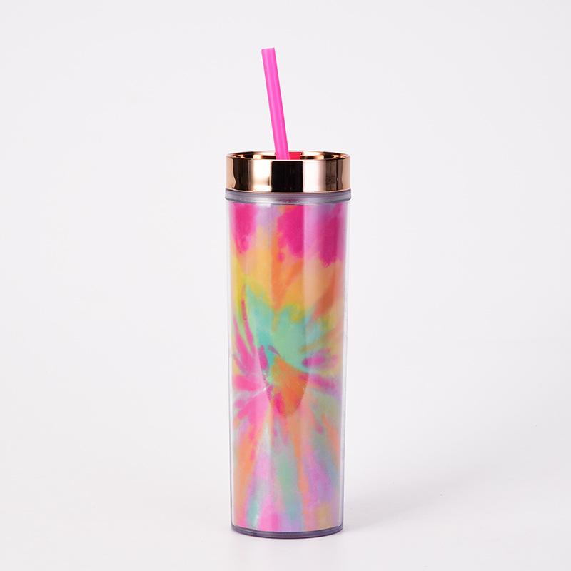 Tie-Dye Straw Cup 24Oz Double-Layer Plastic Water Cup Can Be Customized Creative Paper Card Diy