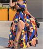 Printed Waisted Midi Temperament Commuter Long Dress Sexy Split Dresses with Another Belt