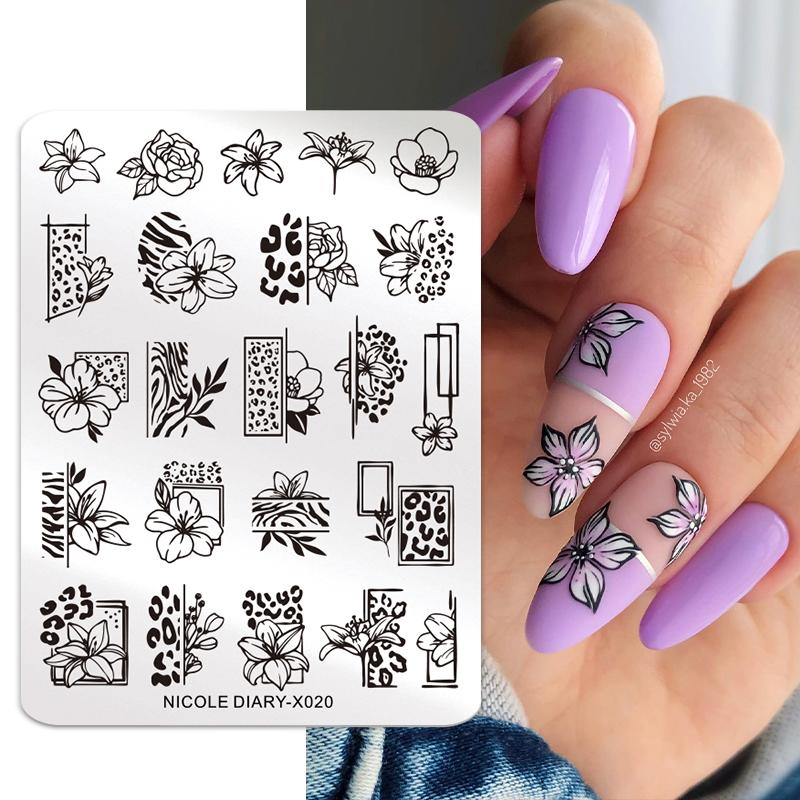 NICOLE DIARY Leopard Flower Nail Stamping Plate Image Transfer Template Geometry Leaf Stainless Steel Stencil Nail Printing Tool