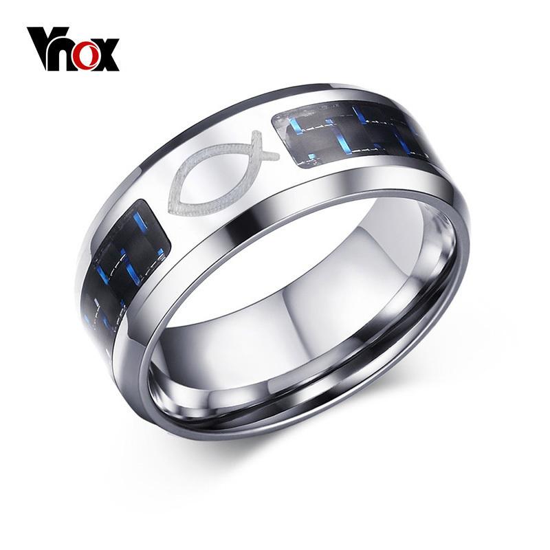 Vnox Drop Shipping 8MM Stainless Steel Jesus Christian Fish Rings for Men Women Religious Faith Ring with Blue Carbon Fiber 7