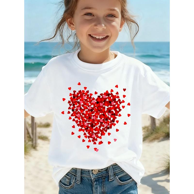 European sizes Girls' Red Heart Graphic T-Shirt, Summer Cute Round Neck Spliced Short Sleeve Top for Kids, Holiday Party Birthday Gift,