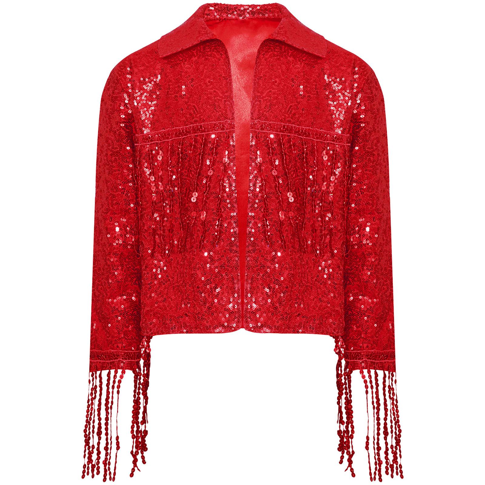 

Girls Party Jacket Sparkly Sequin Tassel Detail Long Sleeve Open Front Stage Costume Coat 7-8 Years червоний
