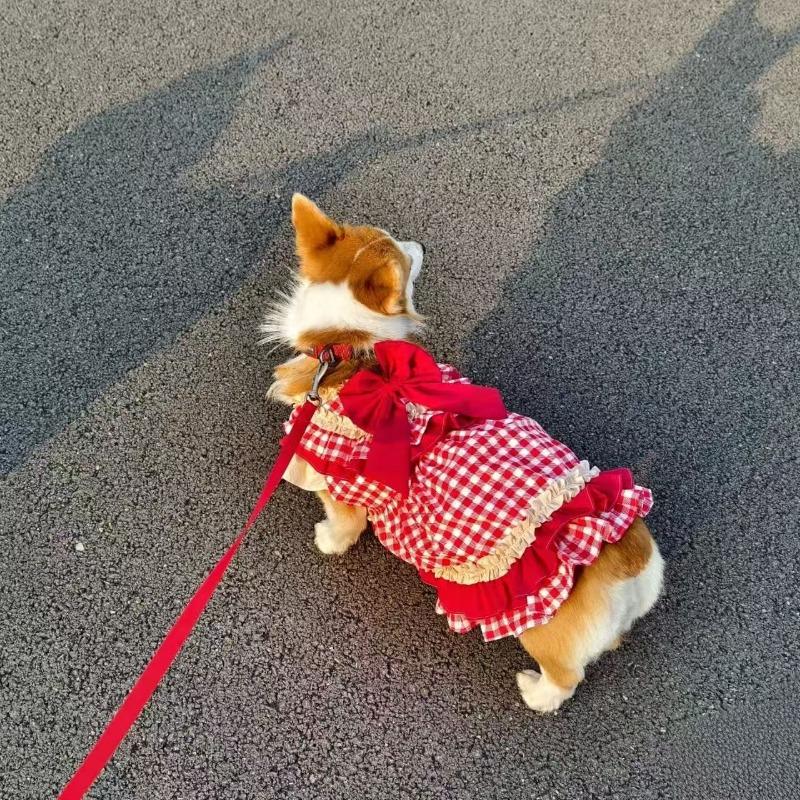 

Spring and summer retro red grid princess dress Pomeranian Bi Xiong Corgi anti-take-off warm Lolita small skirt pet clothes XXL chest 70 back 55 about 22.5 kg