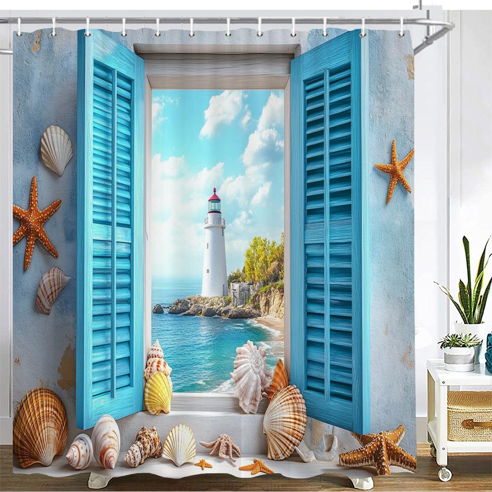 

The Scenery Outside The Blue Beach Window Shower Curtain Bath Curtain Printed Bathroom Curtains For Home Decoration Curtain W60H190(CM)-1 Pcs