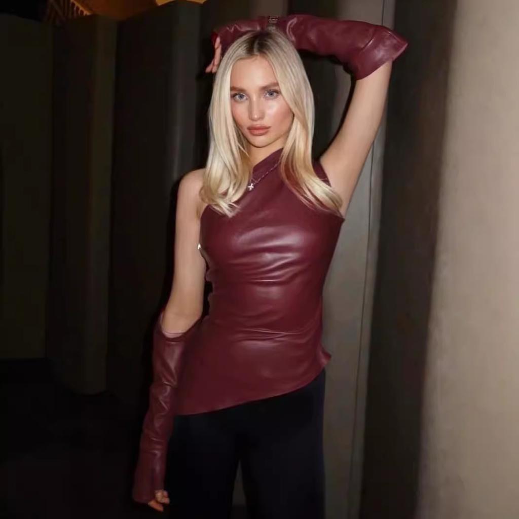 Women's Autumn New Street Hipster Sleeveless Diagonal Neck PU Leather Vest Plus Sleeve Top