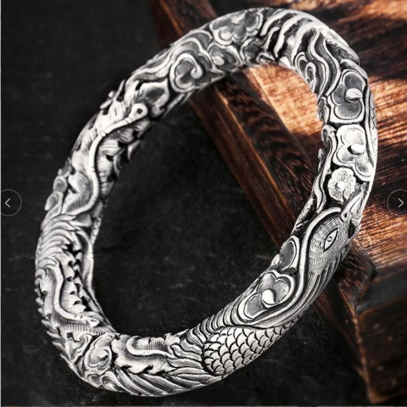 Snowflake Silver Bracelet Men's Personalized Retro Wear Yunlong Pattern Full Dragon Sterling Silver Bracelet National Style
