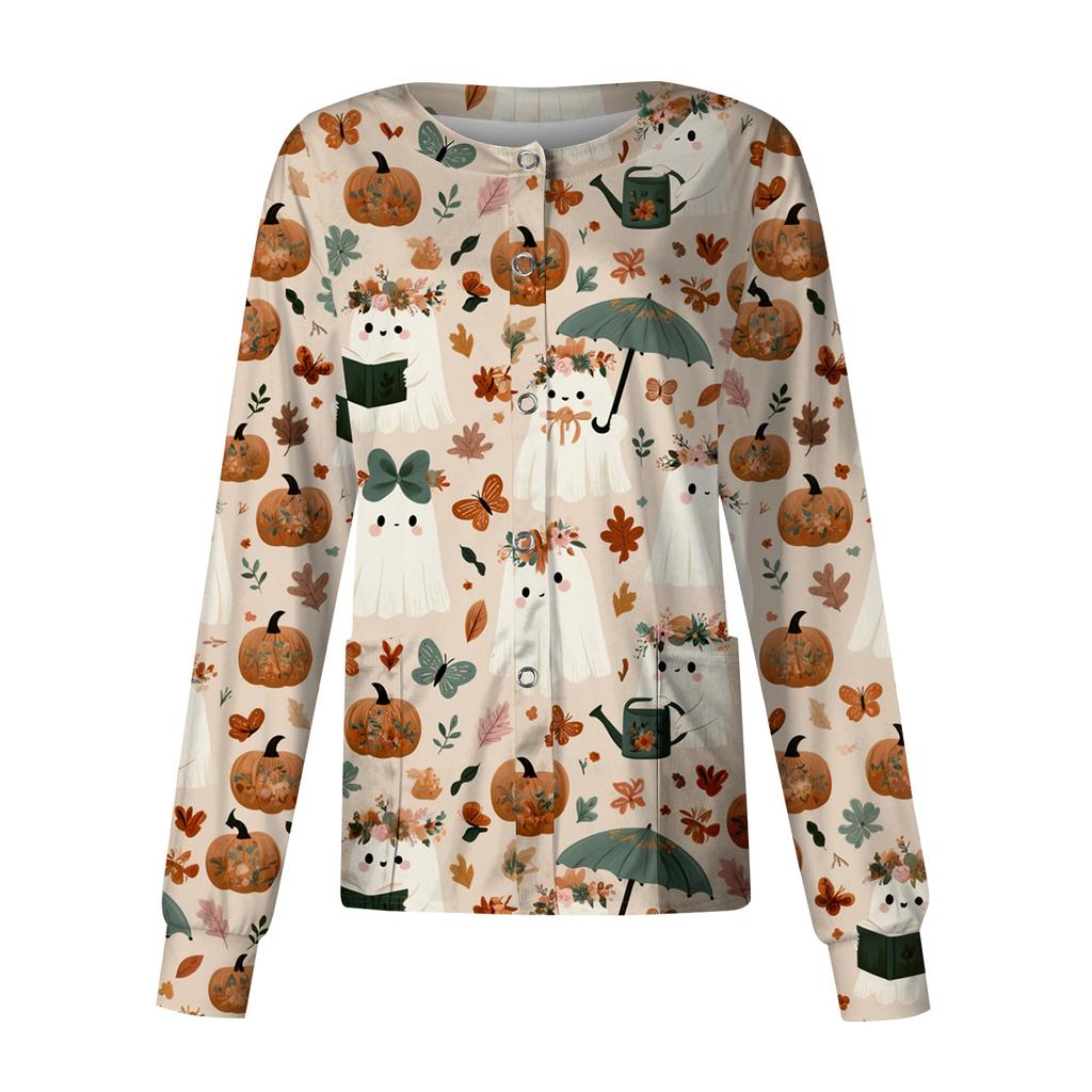Women's Casual Long Sleeve Button Down Halloween Print Top for Costume Wear
