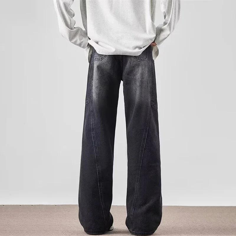 Spring Men's Vintage Multi-Pocket Cargo Jeans Vintage Distressed Baggy Denim Pants High Street Straight Wide Leg Jean