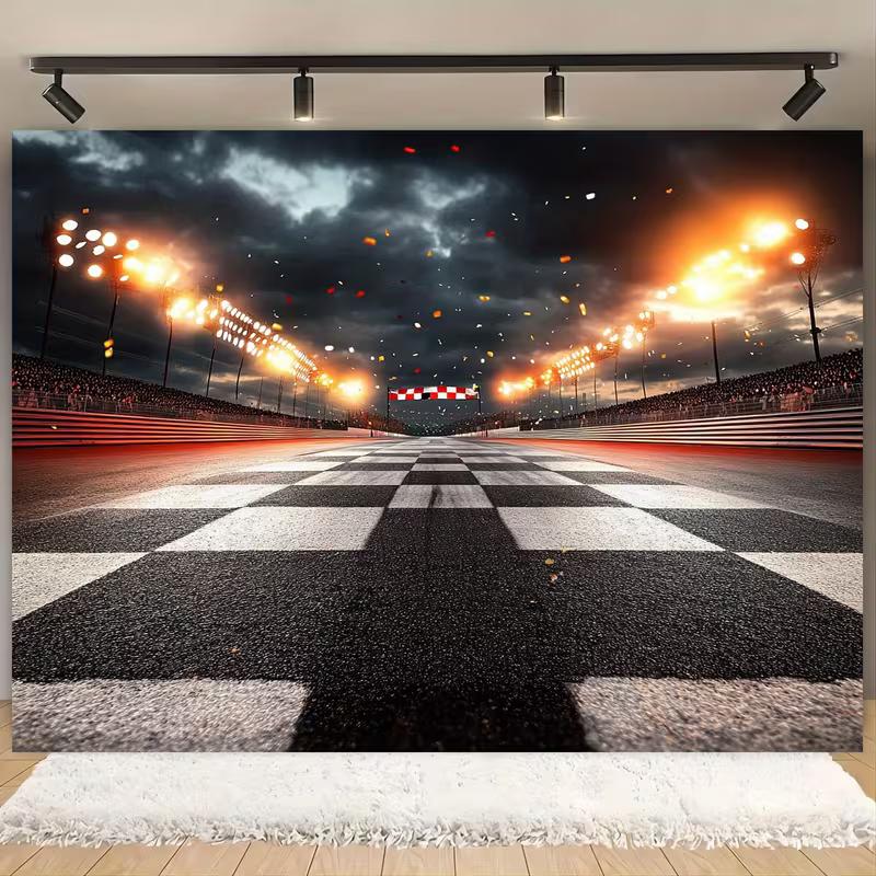 

2D Motorsport Finish Line Backdrop, Night Race Track Party Photography Background 47.2x31.5inch/120*80cm