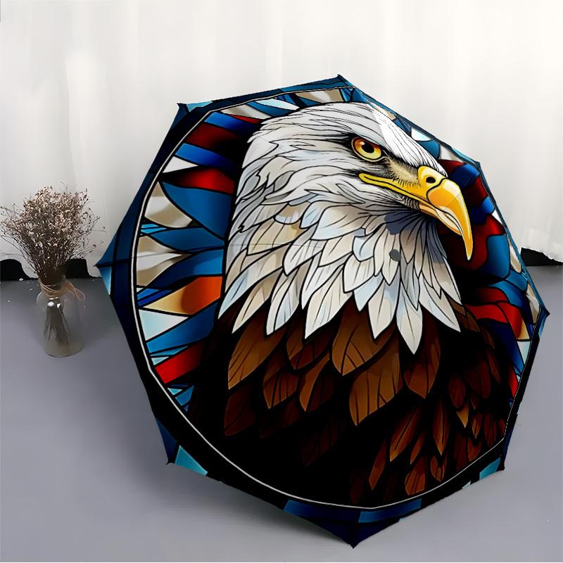 1pc Eagle Stained Glass Automatic Folding Umbrella - 8-Rib Iron Frame, Windproof, Portable Sunshade with Plastic Handle for Travel & Outdoor