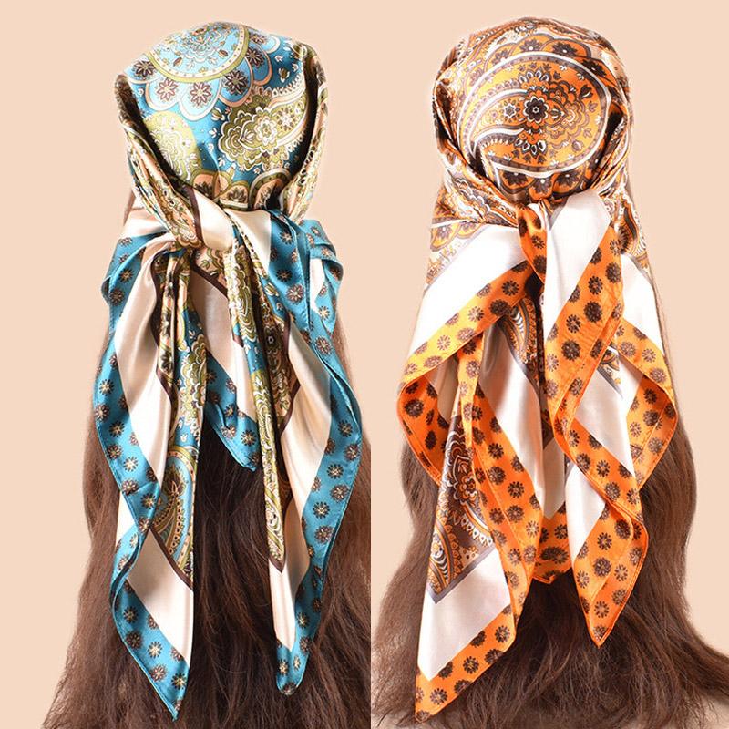 2Pcs Luxury  Silk Satin Square Scarf Women Hijab Bandana Muslim Headscarves Shawl Wrap Ladies Headband Neckerchief Foulard