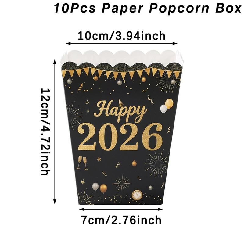 10Pcs Happy New Year 2026 Theme Party Decor Fireworks Popcorn Box Candy Cookie Packaging Boxes For Movie Night Party Decor