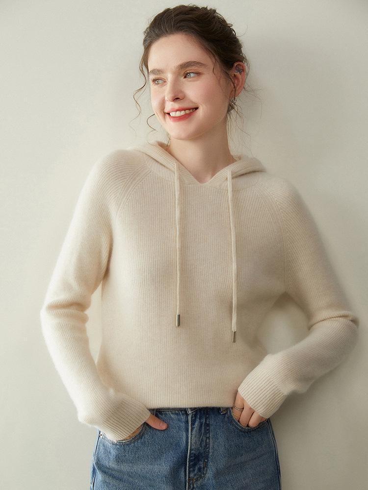 Women's Cashmere Hooded Ribbed Pullover - Autumn/Winter Fashion Knitwear