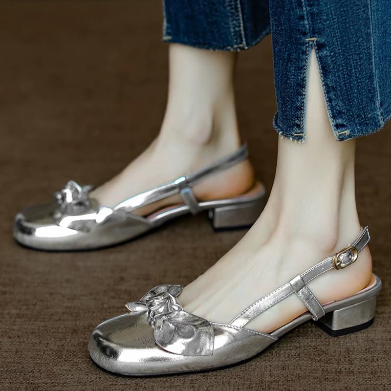 

Comfortable Low Heel Slip-On Women s Shoes round Toe Korean Style Summer New Fashion Ladies Butterfly Knot Headscarf Sandals 39 срібний