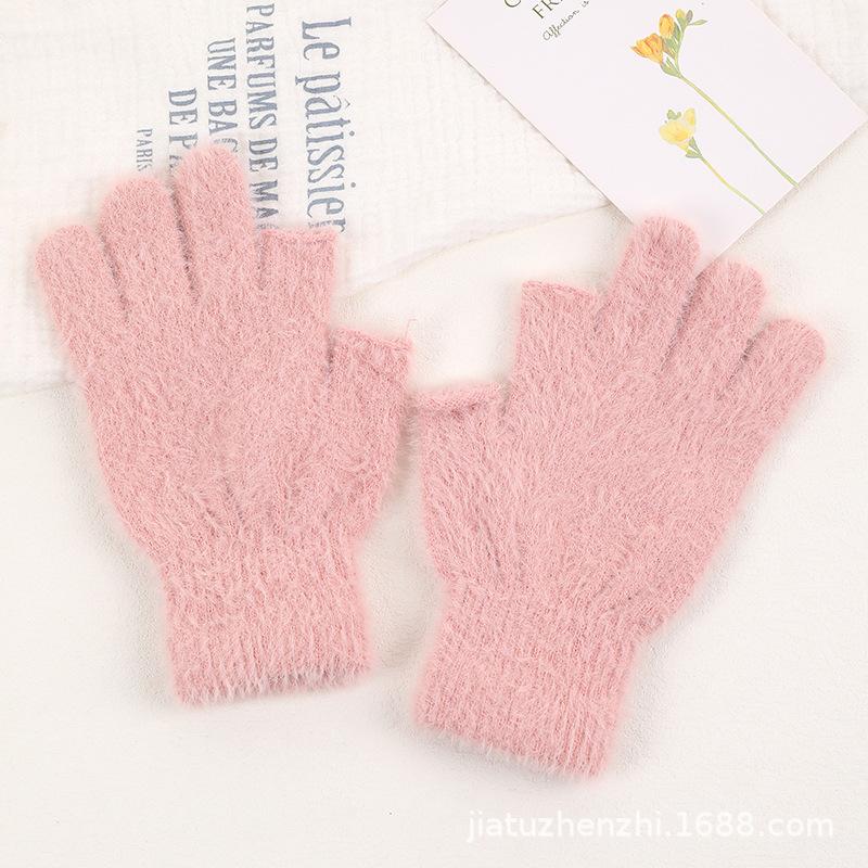 Winter Two Finger Touchscreen Rib Stitch Jacquard Plush Warm Knit Student Thick Half Finger Gloves