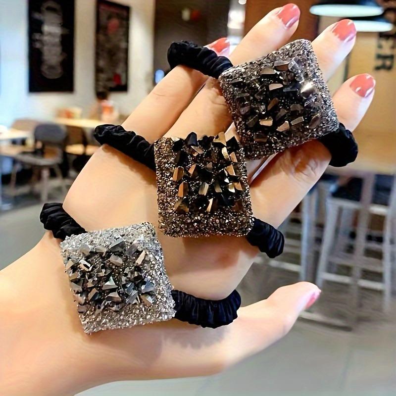 Korean Style Rhinestone Heart Hair Tie Four-Leaf Clover Square Hair Tie Easy Temperament to Tie Hair Rubber Band