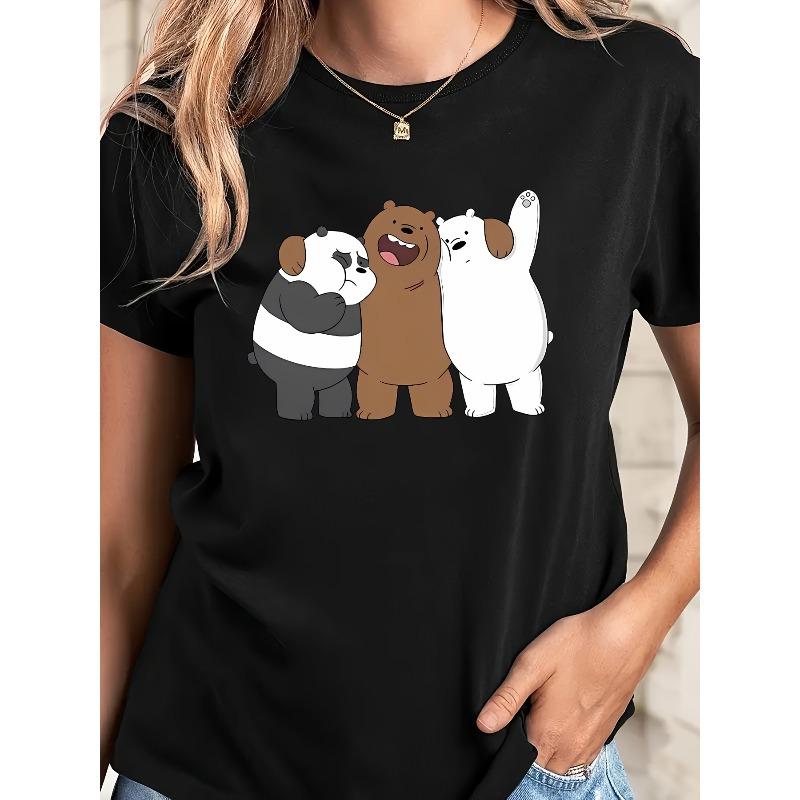 European Size Casual Round-Neck Short-Sleeve T-Shirt Featuring a Cute Cartoon Print of Three Little Bears for Fashionable Women.