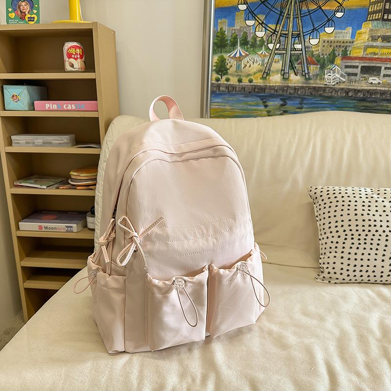 Simple Solid Color Female Backpack Double Pocket Drawstring Light Student Cute Travel Bow Joker College Student Bag