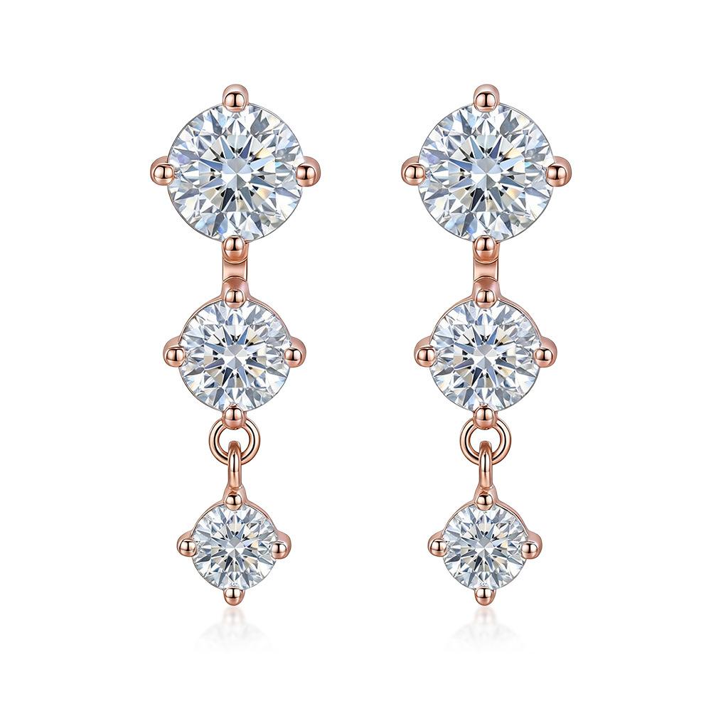 

925 Sterling Silver Moissanite Drop Earrings for Women, Triple Round Cut Dangle Bridal Wedding Jewelry рожевий колір золота