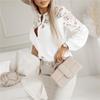 Women Fall Spring Shirt See Through Mesh Flower Embroidery Stand Collar Solid Color Long Sleeve Soft Single Breasted Lady Commute Blouse