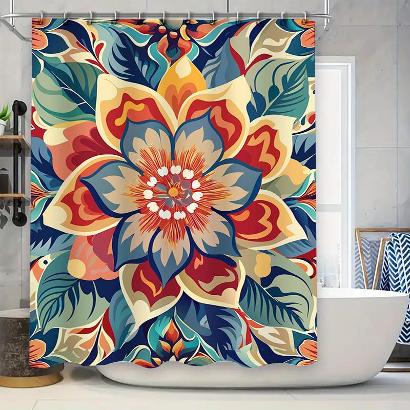 Multicolored Floral Shower Curtain Modern Bath Decor, Waterproof Fabric Home Bathroom Decoration Red, Blue, Yellow Flowers Desig