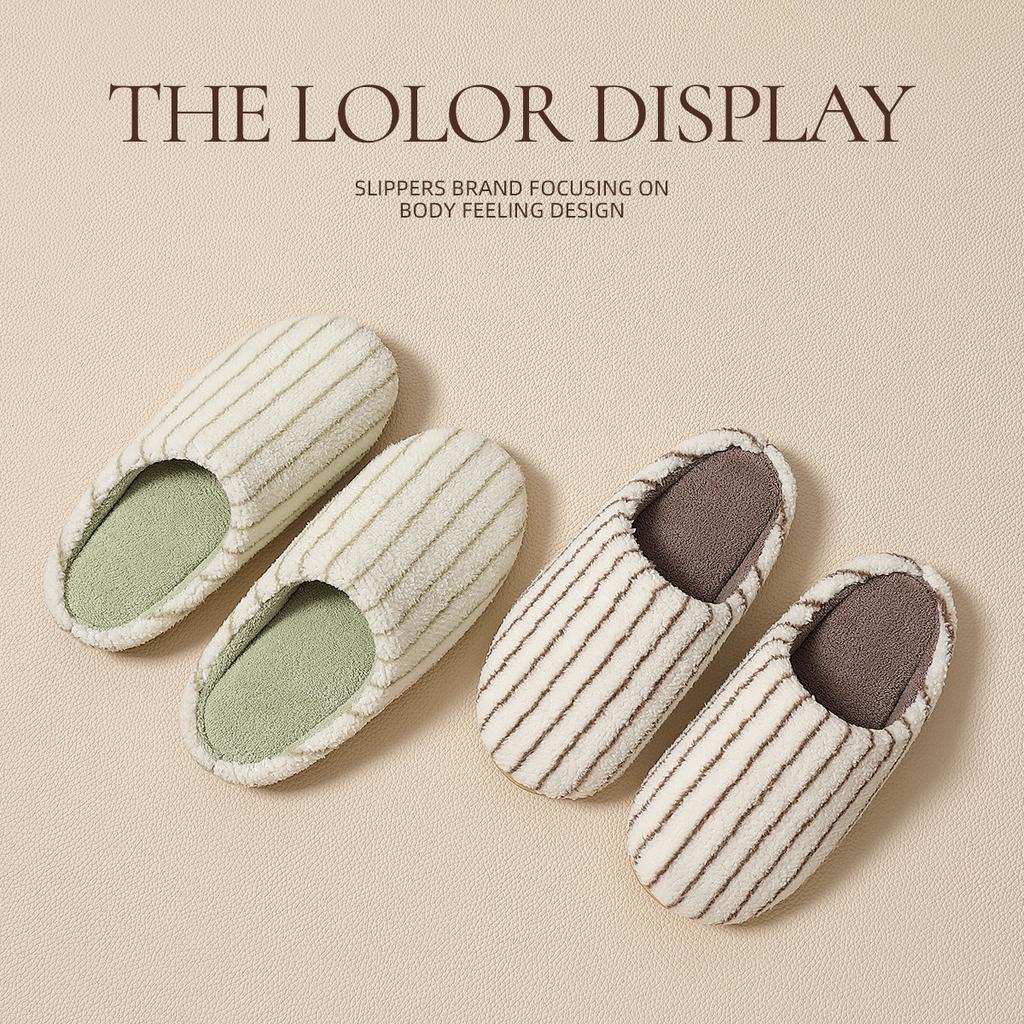 Striped cotton slippers autumn and winter versatile bag head semi-indoor home plush warm wear-resistant cotton shoes
