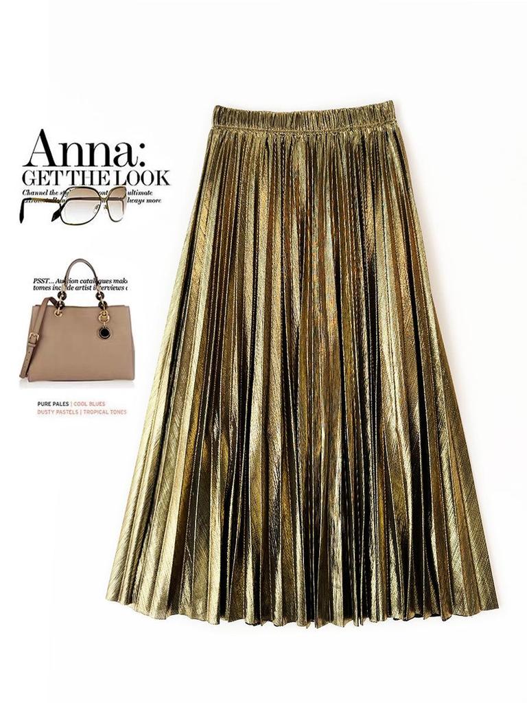 European Silk Metallic Pleated A-Line Skirt - Mid-Length Women's Drape Design