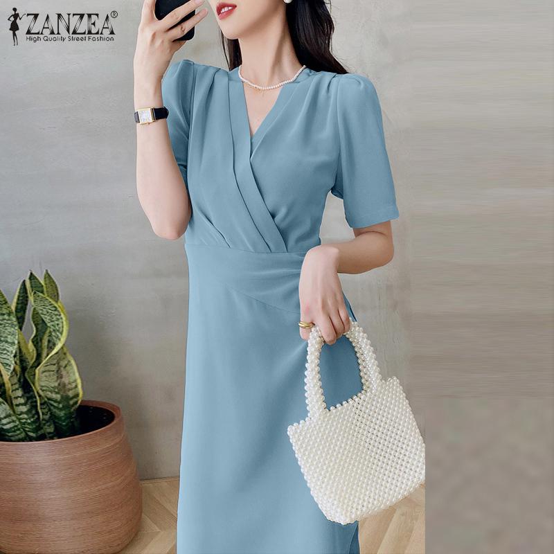 

ZANZEA женское летнее однотонное свободное платье с v-образным вырезом и короткими рукавами