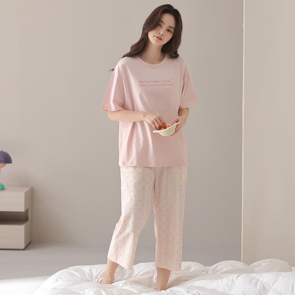 Short-sleeved Cropped Pants Pajamas Women's Spring and Summer New Pure Cotton Summer Thin Large-size Loungewear Suit