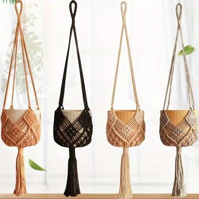 Boho Pflanzenampel Baumwollseil Gewebt mit Netztasche Hängekorb Makramee Blumentopf für Drinnen Draußen Hängende Sukkulenten