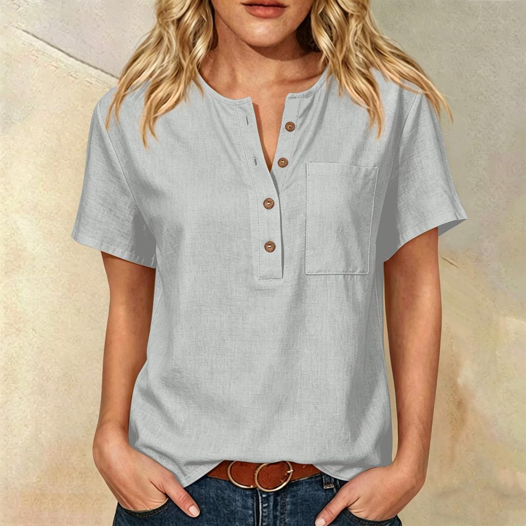 Women Henley Button Neck Short Sleeve Cotton Linen Shirt with Chest Pocket Loose Fit Casual Top for Daily Office Wear