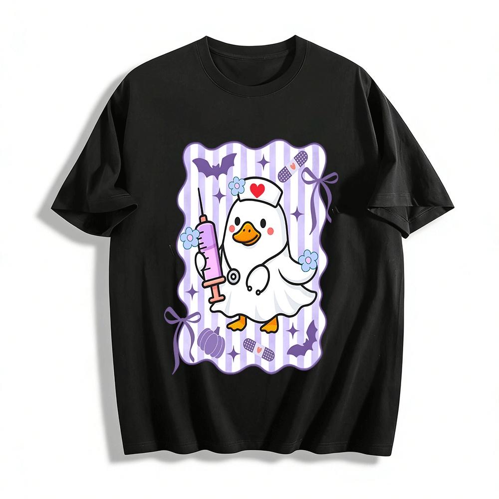 Halloween Ghost Nurse Duck Print Casual Top Pure cotton T-shirt XXS