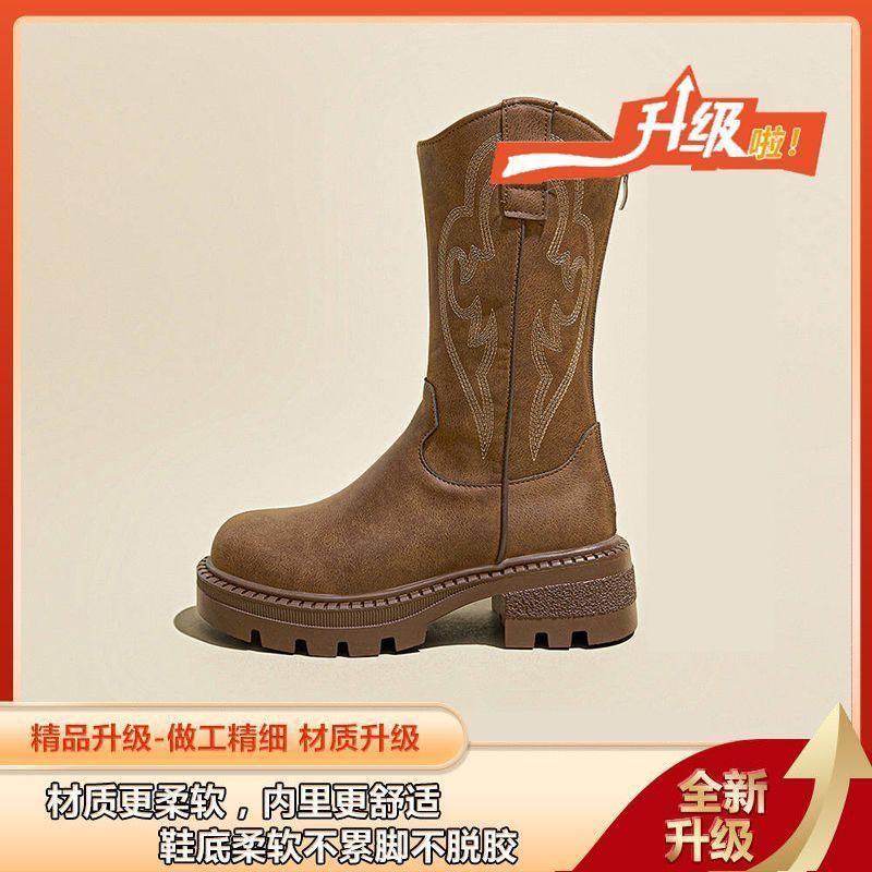 Dicke Sohle Western Cowboy Stiefel Damen Sommer Neu Stickerei Reisebekleidung Mittelstiefel Wüste Kurzstiefel Western Sichuan