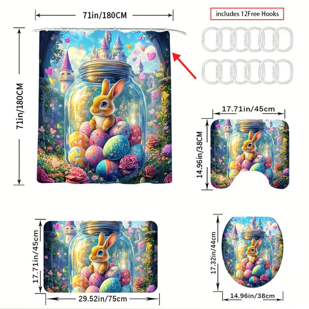 1/4Pcs Colorful Easter Bunny Bathroom Set 2D Flat Pattern Set Waterproof Shower Curtain with Anti Slip Rug and Toilet Lid Cover Spring Gift