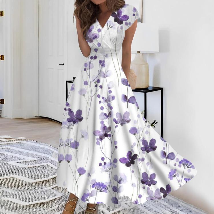 

Женское повседневное платье макси, длинное шифоновое платье с расклешенной юбкой, однотонное, с V-образным вырезом, с оборками, с коротким рукавом, зрелое, для улицы, для повседневной носки, для свиданий M