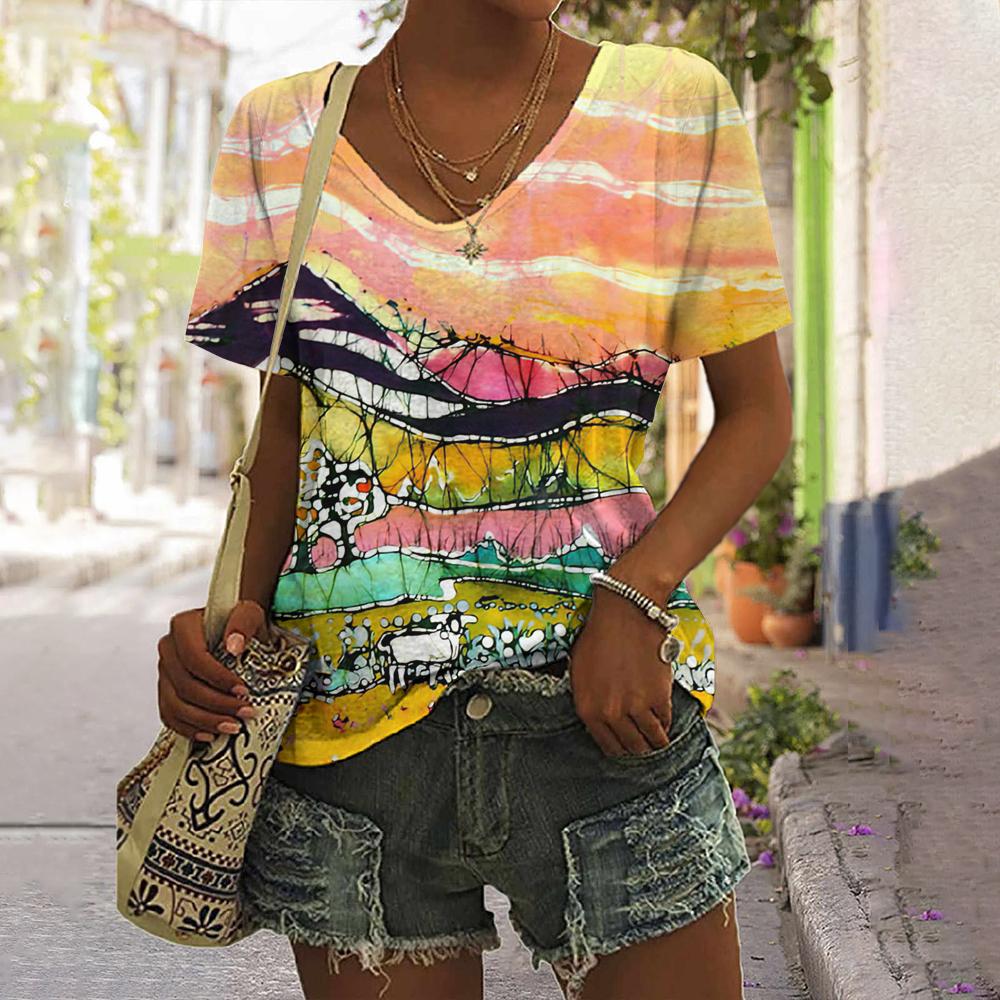 Printed Striped T-shirt New Simple Clothes Casual V-neck Short-sleeved T-shirt Retro T-shirt Summer