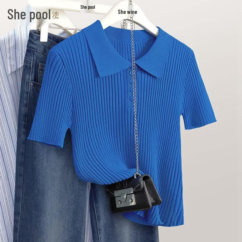 SheePool Women s Polo Collar Knitted Short Sleeve T-Shirt One Size
